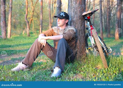 Mountain Biker Resting In Forest Stock Image Image Of Recreation