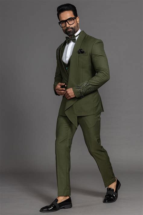 Buy Olive Green Sequins Embroidered Italian Tuxedo Suit Online Samyakk Green Suit Men Dress