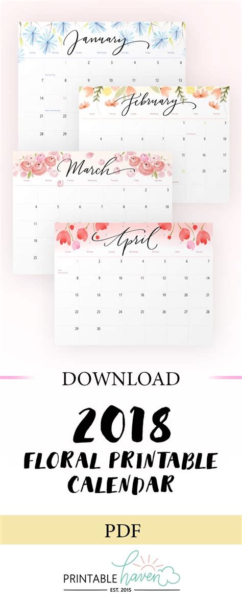 2018 Printable Floral Calendar By Printable Haven 2018 Planner Diy