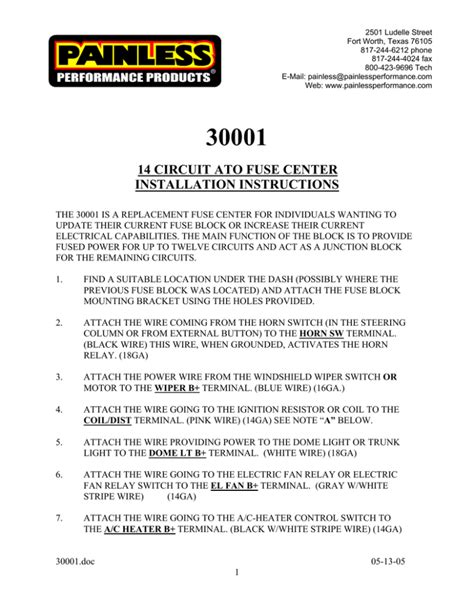 30001 14 Circuit Ato Fuse Center Installation Instructions