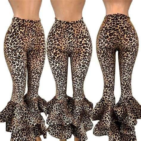 leopard ruffled flared pants women flared high waisted trousers ladies ruffle pants sexy bell