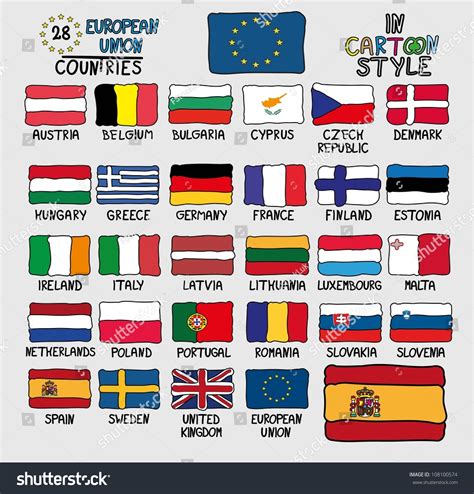 Flags European Union Countries Cartoon Style Stock Vector 108100574