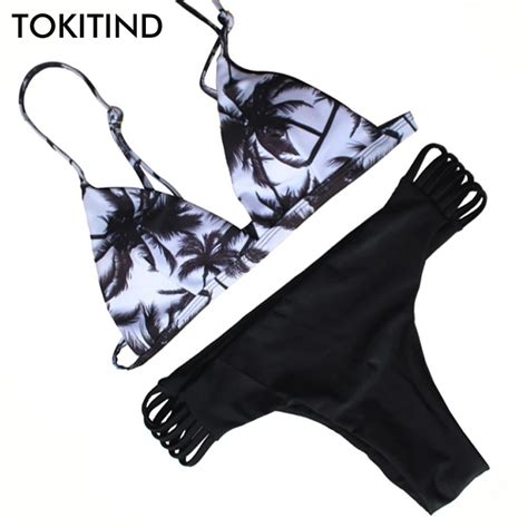 Tokitind Bikinis 2017 Summer Palm Tree Bikinis Set Women Padded Crop
