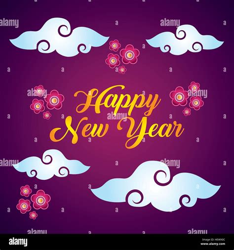 happy new year card with flowers and clouds icons colorful design vector illustration stock