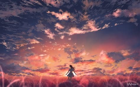 Download 4800x3000 Anime Sunset Anime Girl Orange Sky Field