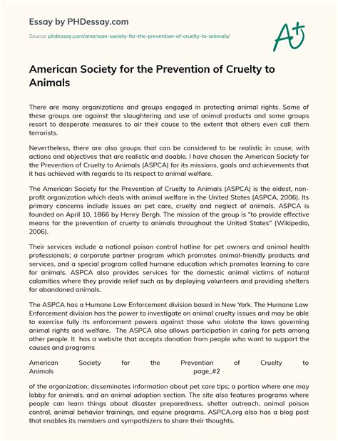 American Society For The Prevention Of Cruelty To Animals Essay Example