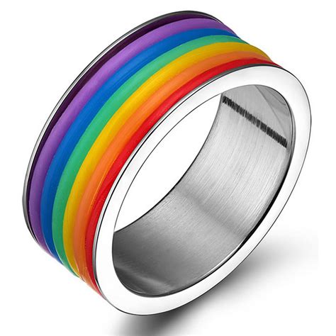 Unisex Lgbt Pride Rainbow Silicone Wedding Band In Stainless Steel Gay