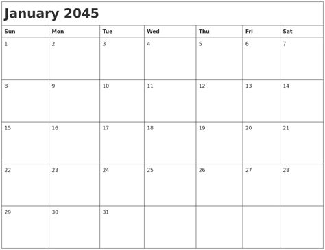 January 2045 Month Calendar