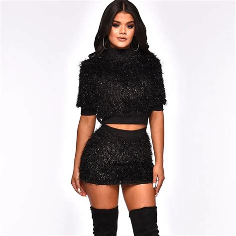 Autumn Winter Two Piece Skirt Set Women Solid Turtleneck Sweater Crop Top And Suede Mini Skirt
