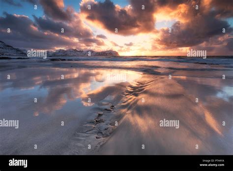 Sunset On Sandy Beach Vikten Flakstad Municipality Lofoten Islands