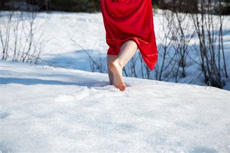 Image Of Barefoot Woman In A Red Dress Walking On Snow Stock Image