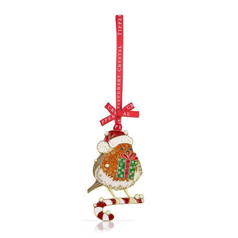 Tipperary Crystal Sparkle Robin With Cane Hanging Decoration
