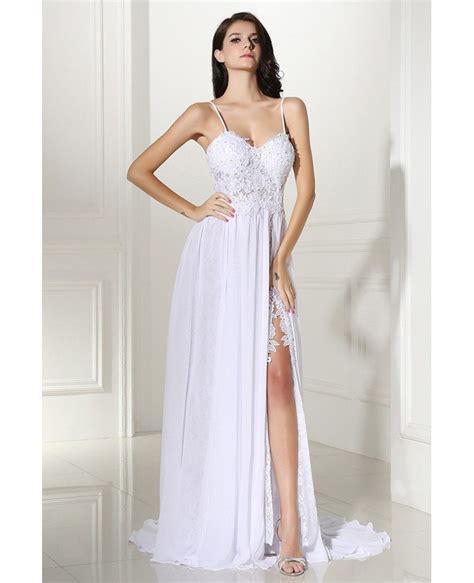 Boho Lace Spaghetti Straps White Formal Dress With Slit Lg0302