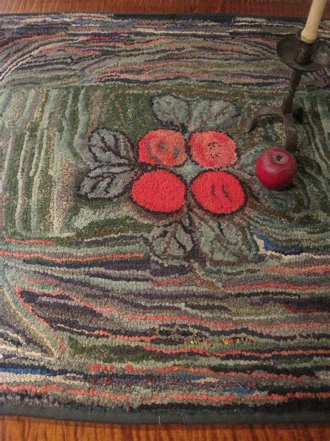 Antique 1800s Folk Art Hand Hooked Square Shaped Cherries Wool Rug