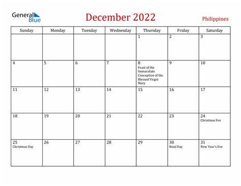 December 2022 Philippines Monthly Calendar With Holidays