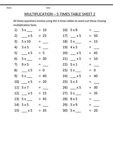 5 Times Table Worksheet Printable Times Tables 5 Times Table Math