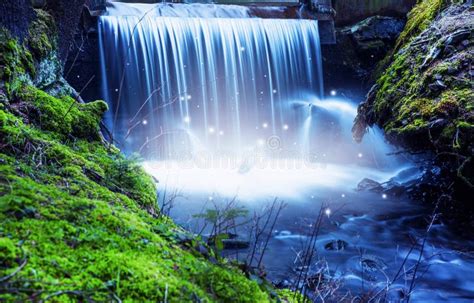 Magic Fairytale Waterfall With Lights In The Woods Stock Image Image