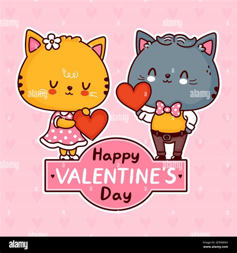 Cute Funny Cats Couple With Hearts Happy Valentines Day Card Vector