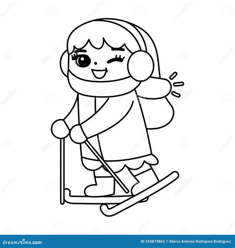 Isolated Girl Ski Snow Draw Winter Kids Vector Illustation Stock Vector