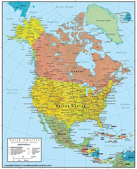 Free Political Printable Map Of North America With Countries In Pdf World Map With Countries
