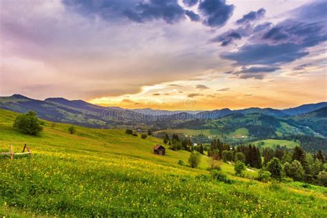 Summer Sunset View On Village Meadow And Lonely Hut Stock Photo Image