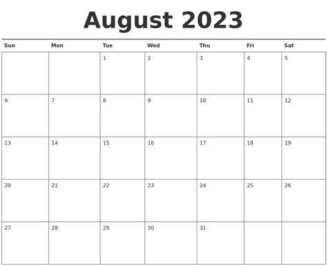 Printable Year Calendar Starting With August 2023