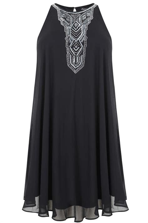 Black Chiffon Sleeveless Swing Dress With Silver Embellishment Plus