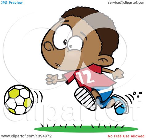 Clipart Of A Cartoon Black Boy Playing Soccer Royalty Free Vector