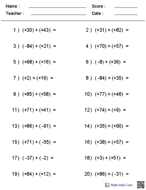 Adding And Subtracting Integers With More Numbers Worksheets