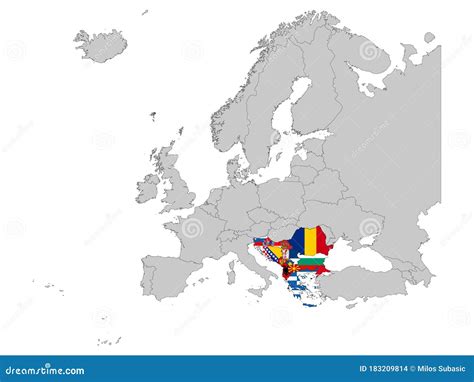 Balkan Peninsula Countries With National Flag On Gray Europe Map Stock