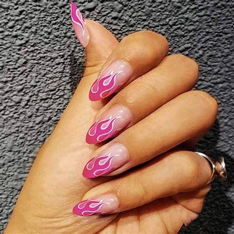 Fairvir Fashion Glossy Fake Nails Pink Flame Full Cover Aryclic Oval False Nails Party Night