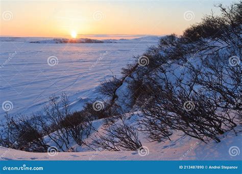 Arctic Dawn Landscape Sunrise Over The Anadyr Estuary Covered In Ice