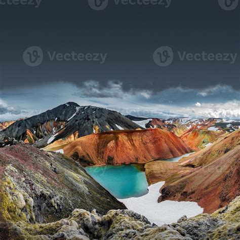Landscape View Of Colorful Rainbow Volcanic Landmannalaugar Mountains