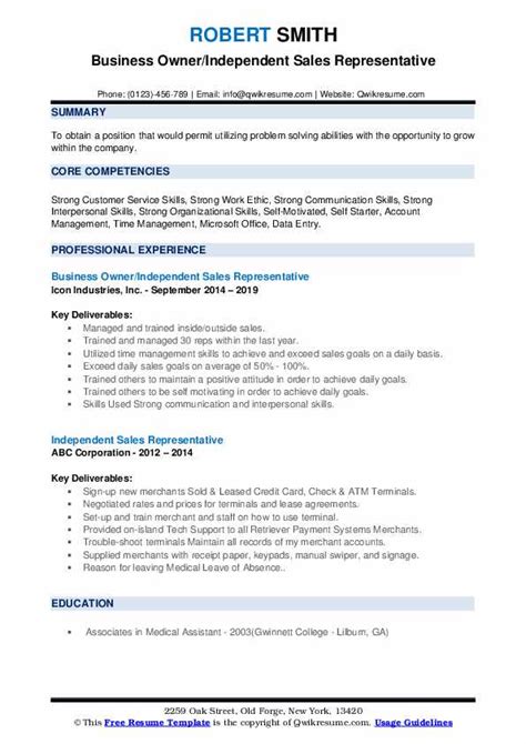 State the nature of the product type or solution you have experience in regarding customer relations. Independent Sales Representative Resume Samples | QwikResume
