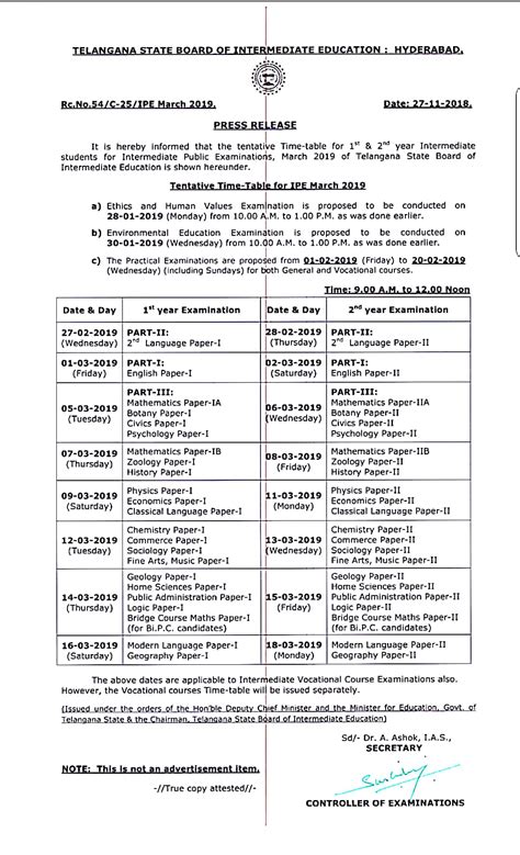 Ts Intermediate Time Table Telangana Inter St Nd Year Exam
