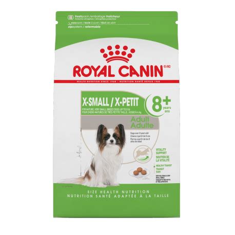 With information for both new and long term owners our dog food, care and nutritional advice is all you need to give your pet a long, healthy life. X-Small Adult 8+ Dry Dog Food - Royal Canin | DYNO.CA