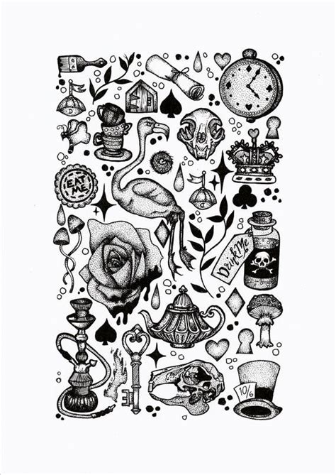 a4 print alice in wonderland dotwork flash sheet etsy alice in