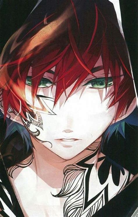 Anime Guy Red Hair Green Eyes Tattoos Hood Art Pelo Rojo