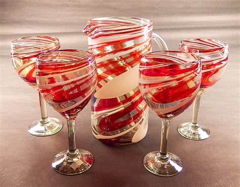 Wine Glasses Hand Blown Glass 14oz Red And White Swirl With Pitcher Str80 Oz