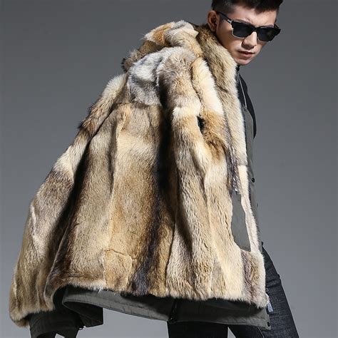 Wolf Fur Coat Men Winter Warm Fur Coat Hooded Long Style Jacket Thick