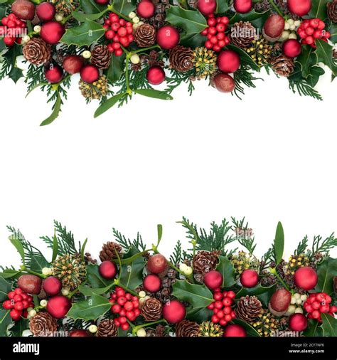 Christmas Border With Red Bauble Decorations Holly Mistletoe Ivy