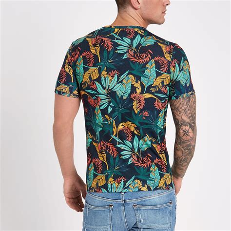 River Island Synthetic Blue Muscle Fit Tropical Print T Shirt For Men