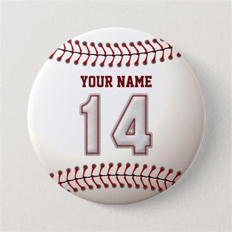 Baseball Stitches Player Number 14 And Custom Name Pinback Button