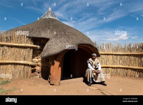 Basotho Man In Front Of Traditional Hut Thaba Bosiu Cultural Village Lesotho Stock Photo Alamy