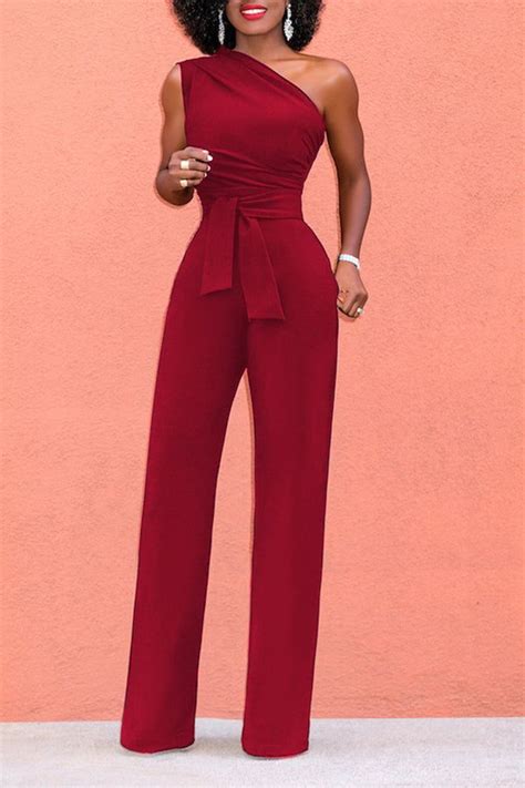 Elegant Solid Color Sleeveless Oblique Collar Lace Up Slim Fit Jumpsuits In 2022 Jumpsuit
