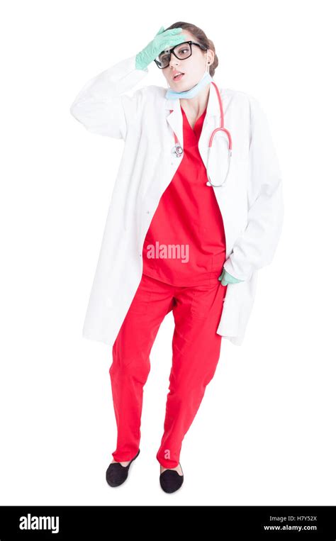 Exhausted Female Doctor In Medical Uniform Looking Tired After Work Isolated On White Stock