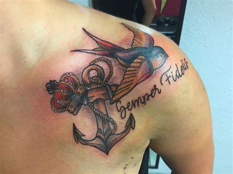 Thus, this small swallow design in a tribal style can talk about a woman with a strong sexual energy. tattoo, lettering semper fidelis, anchor, crown, swallow ...