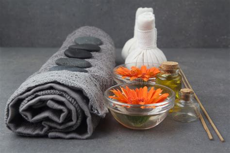 Spa Massage Setting With Rolled Towel Thai Herbal Compress Balls And