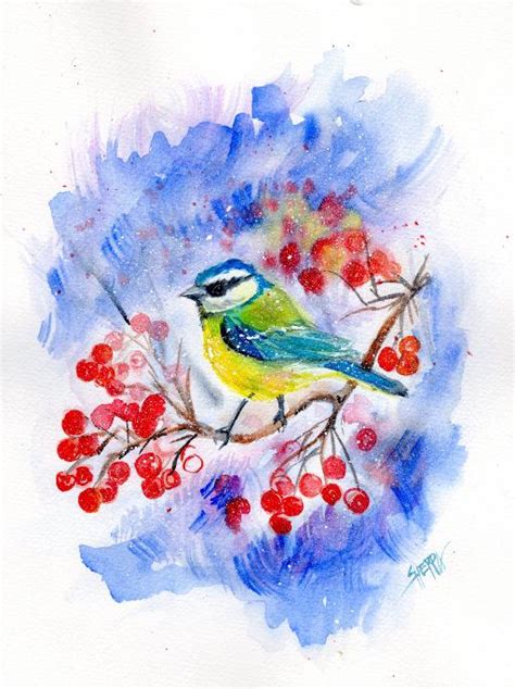 Blue Tit Bird With Berries In Snow Easy How To Paint Watercolor Step By
