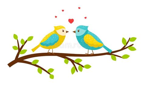 Beautiful Spring Birds In Love Are Sitting On A Branch With Leaves